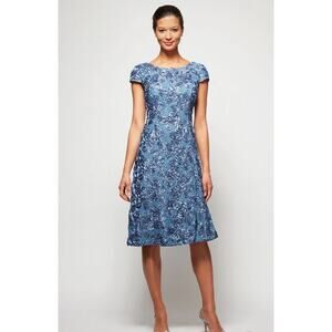 Alex Evenings Dress Womens 16P Petite PERIWINKLE Lace Sequin Short Sleeve New